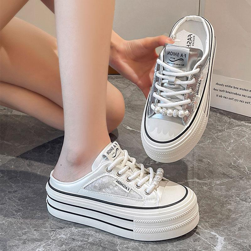 Pearl Embroidered Canvas Half-drag Women 2025 New Summer Wear Thick Soles, One Pedal, Bag Head, No Heel, Little White Shoes