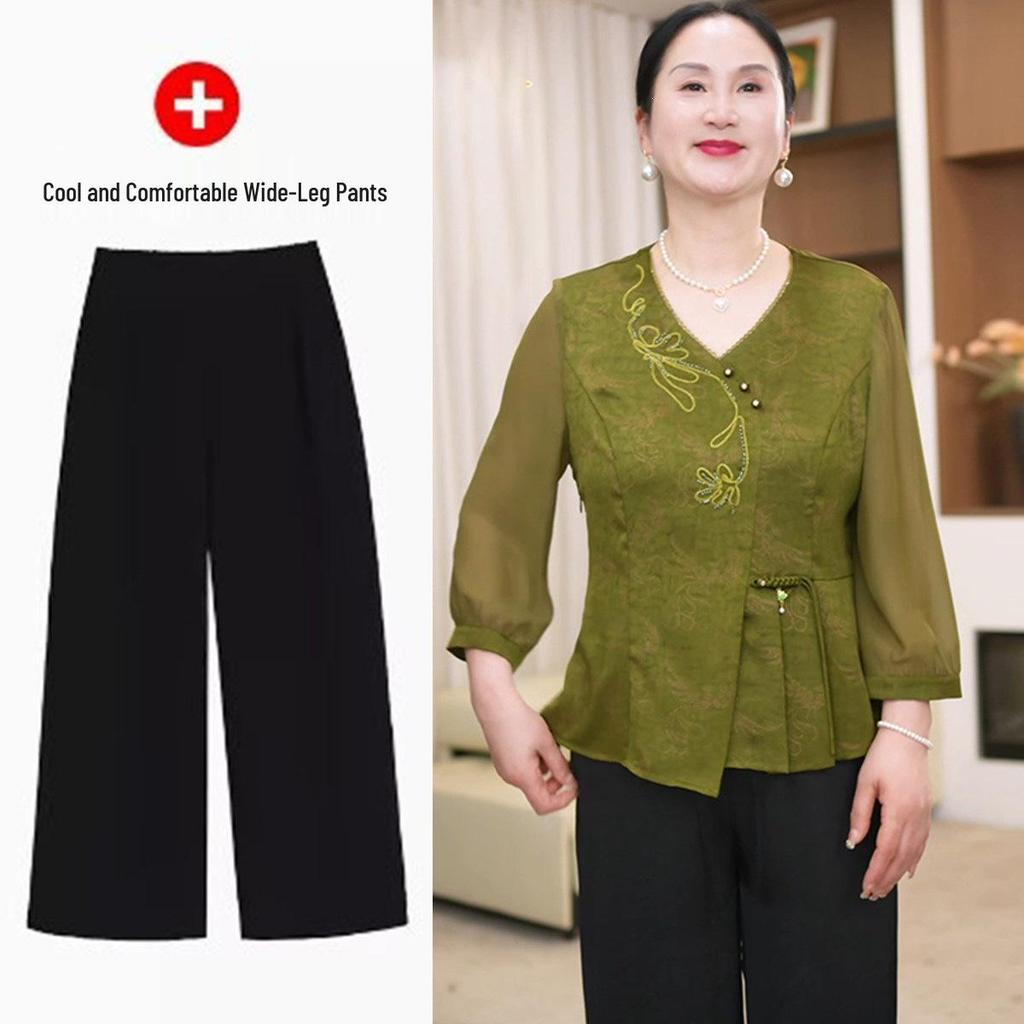 Chinese Style Chiffon Blouse Set with Seven-Sleeve Top for Middle-Aged Women