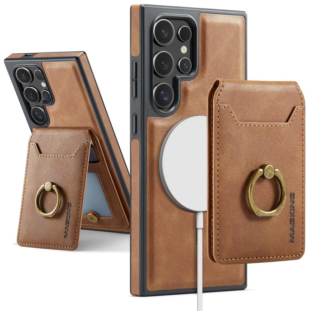 Leather for Magsafe Phone Case for Samsung Galaxy S26 S24 S23 S25 Ultra S26 Plus FE Bracket Magnetic Cover with Card Holder LK1