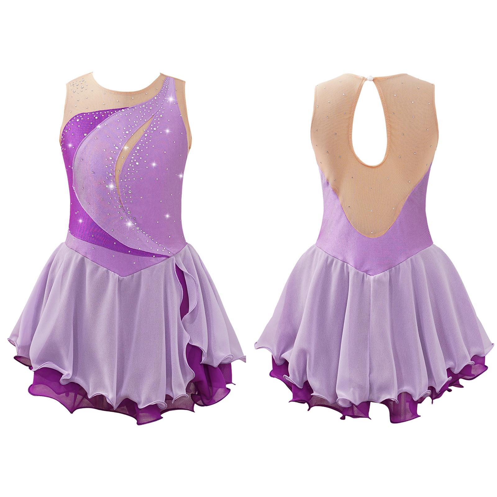 IEFiEL Kinderen Meisjes Ijs Kunstschaatsen Jurk Mouwloos Strass Competitie Kostuums Ballet Dans Tutu Rok 13-14 Years lavendel