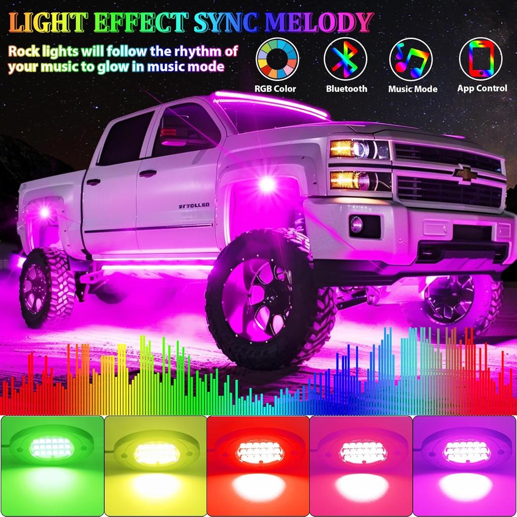 4 Pods RGB LED Rock Lights, Underglow Multicolor Neon Light Kit, Wheel Well Light With APP Control & Music Mode, Under Glow Lights For