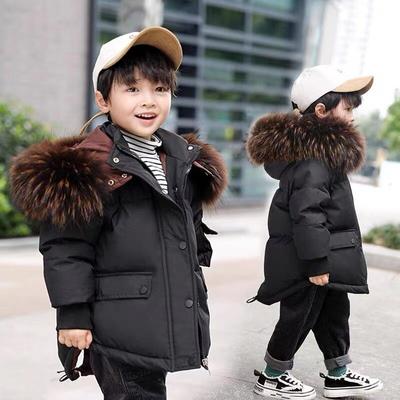Kinder Kapuzen Daunenjacke mit Pelzkragen für Jungen und Mädchen, Winter, Weiße Entendaune, Verdickt, Unregelmäßiger Reißverschluss, Baumwolljacke