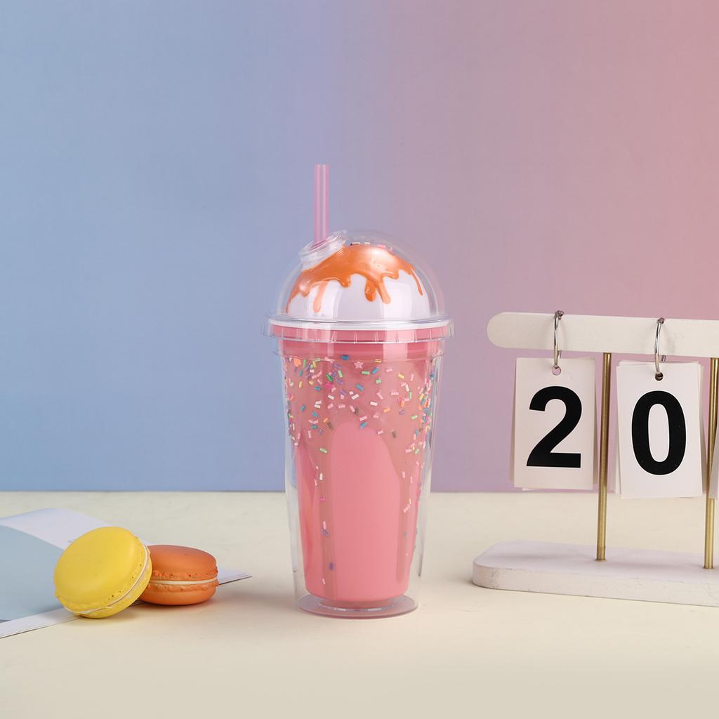 Water bottle Fashion Internet celebrity straw cup Cream Epoxy ice cream ice cream cup Double layer couple plastic water cup with lid