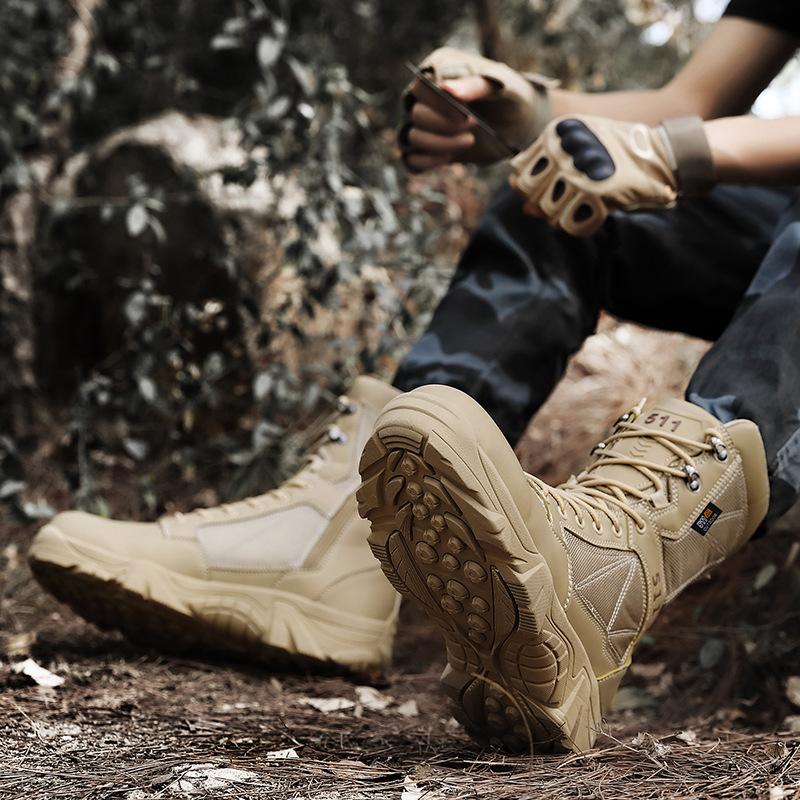 Fashion Men Tactical Boots Fashion High-Top Training Boots Outdoor Non-Slip Men Hiking Boots Desert Ankle Boot Lace-up Work Safety Shoes