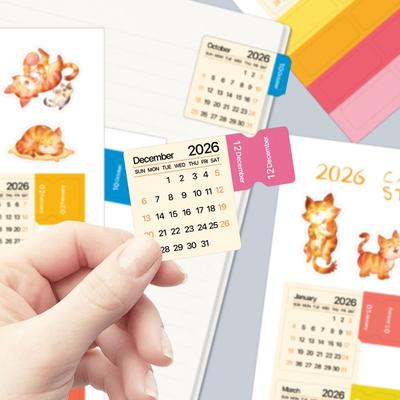 Diy Scrapbook 2026 Calendar Stickers 2 Sheets Cartoon Monthly Planner Stickers Self-adhesive Simple Calendar Tags