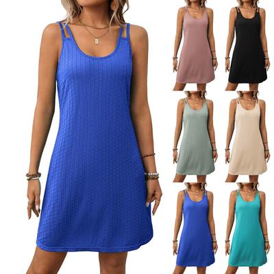 Women's Fashionable Solid Color U Neck Loose Sleeveless Pullover Pocket Vest Dress