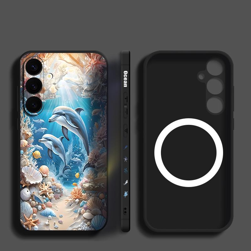 Blue Ocean Dolphin Print Case For Samsung Galaxy S26 Ultra S25 FE S24 S23 S22 Plus S21 FE Built-in Metal Plate Magnetic Silicone Cover