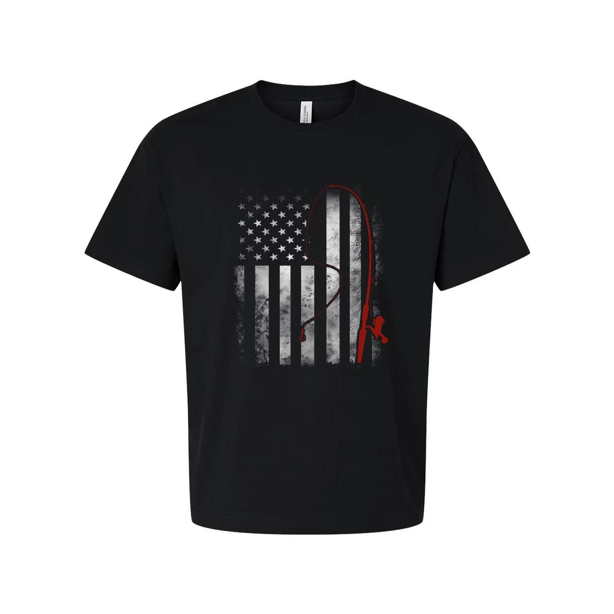 Unisex Fishing T Shirt With Red Fishing Rod Silhouette Over Subtle American Flag 4XL