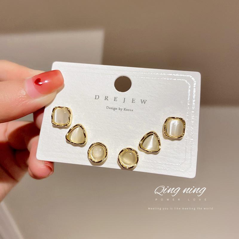 Three-piece Opal Stud Earrings for Women s Tide Simple Temperament Cold Wind Earrings
