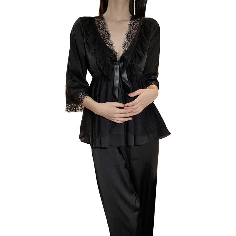Bedroom lace lace satin set deep V sweet lace top trousers two-piece suit