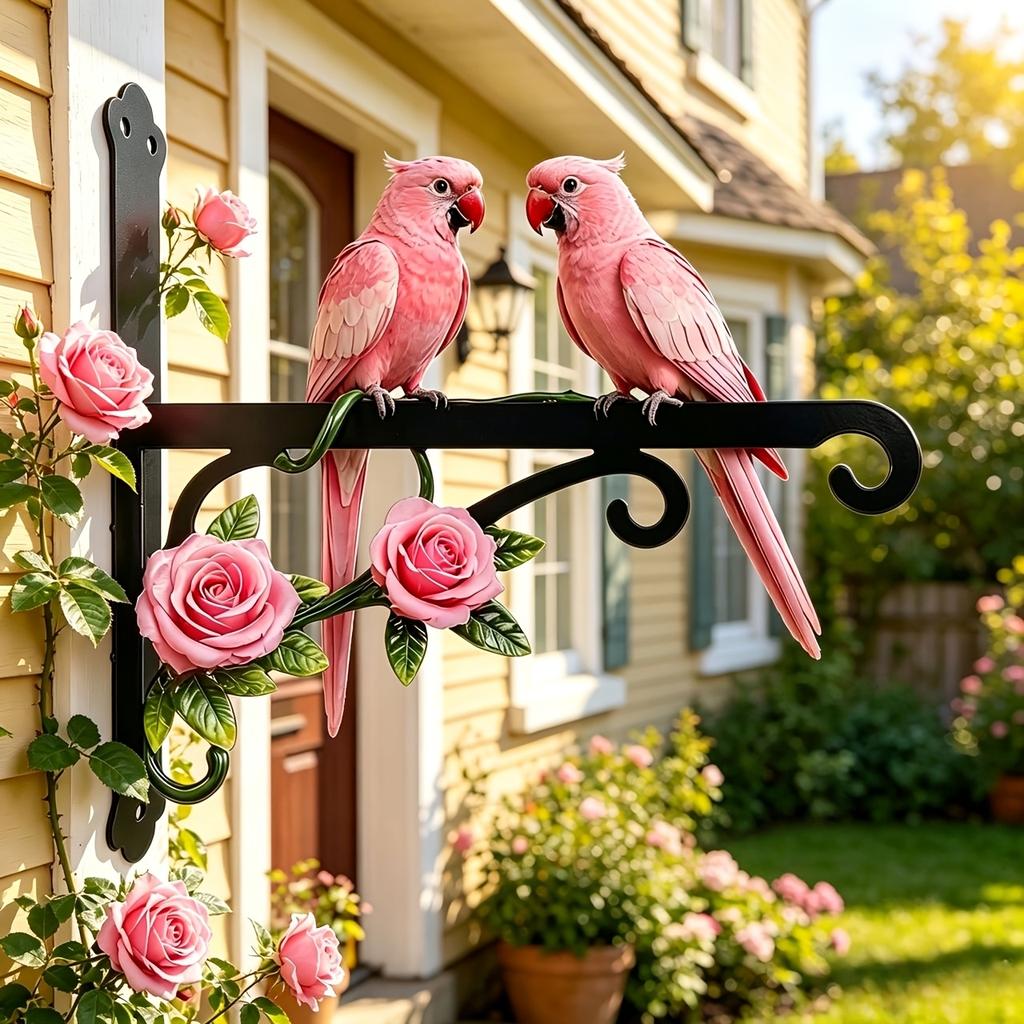 1 Peça Gancho de Parede Metálico Rosa para Exterior com Design de Dois Papagaios, Colorido, à Prova de Ferrugem e Resistente ao Sol, Acompanha Parafusos de Montagem, Muito