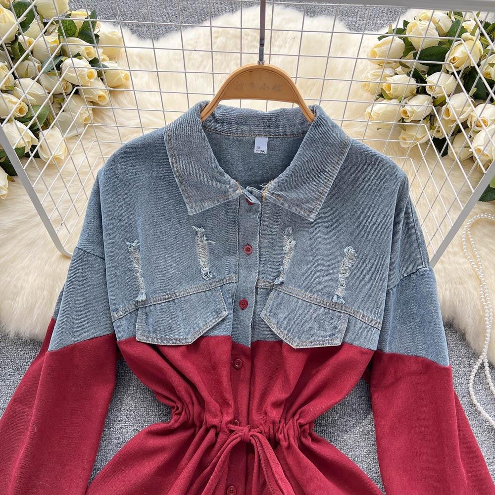 Dlouhý rukáv Letní Dámská Cowboy Splicing Color Collision Temperamentní Dlouhá košile