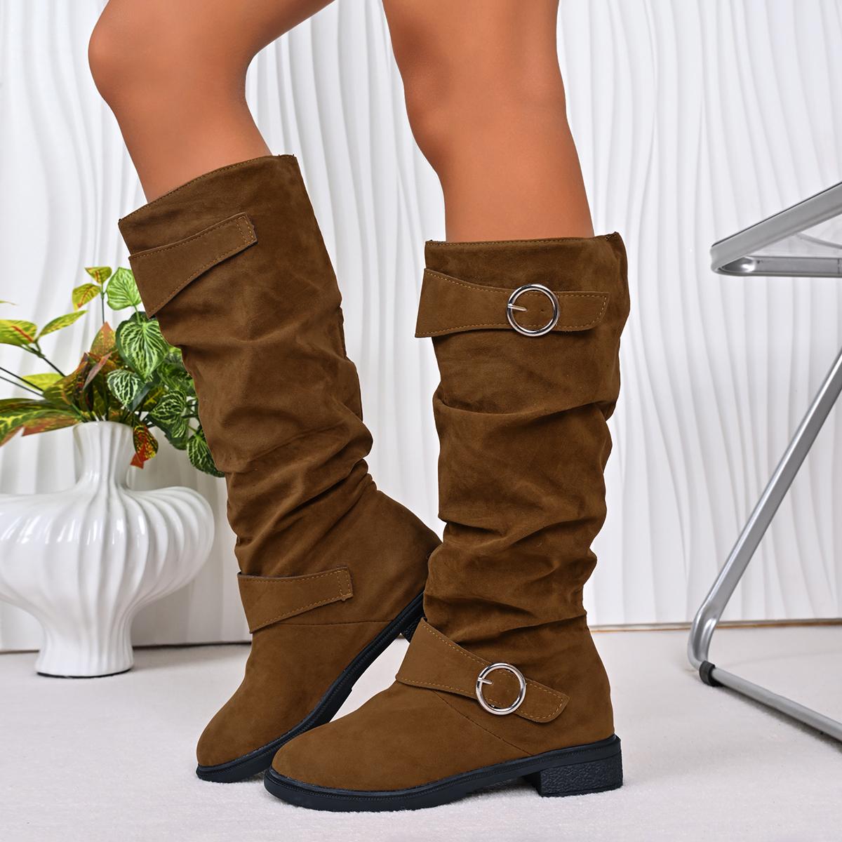 

2026 Hot Sale High Quality and Versatile Women s Boots Fashion Belt Buckle Boots Women New Plus Size Solid Knee-High Boots 35 коричневый