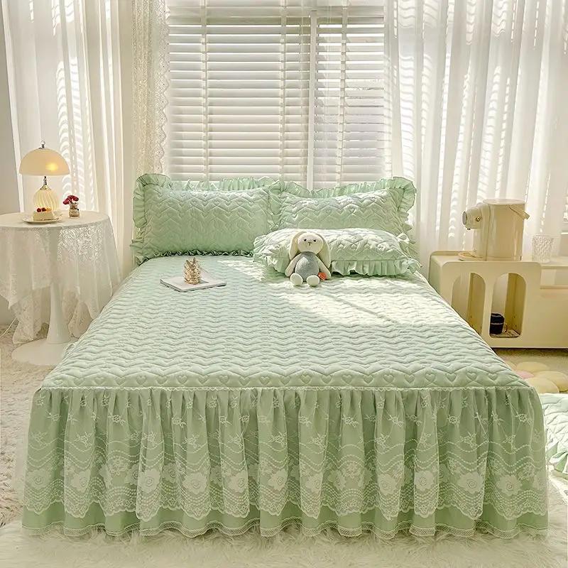 

Юбка-кровать из хлопка и льна с принтом, комплект из трех предметов, стеганое кружевное покрывало с градиентом, противоскользящее пылезащитное постельное белье, простыни 150x200cm bed skirt