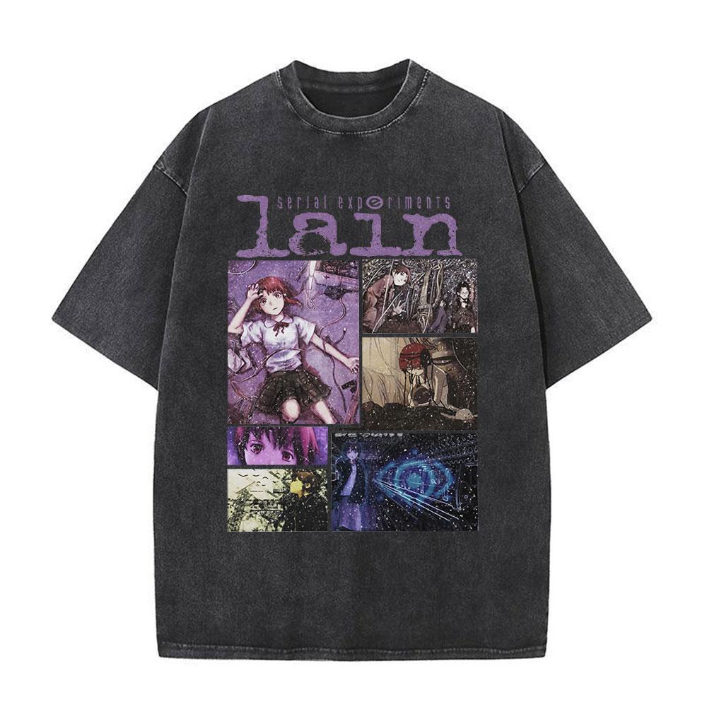 Japanese Anime Serial Experiments Lain Vintage Washed T Shirt Manga Iwakura Girl Sci Fi T-shirts Men 100% Cotton Casual T Shirt