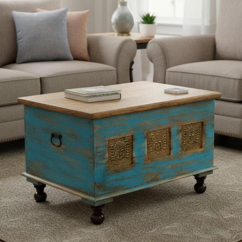 Wooden Trunk Chest Coffee Table Box Blue Distressed Storage Chest with Carved Brass Panels Budha Handcrafted Storage Distressed Blue Chest