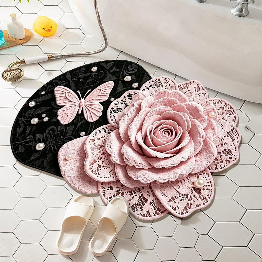 Custom3d Printed Floral Pattern Designer Bathroom Rug with logo Non-slip Soft Absorbent Bath Rug Diatom Mud Stone pink Rug Mat