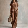 Completo Due Pezzi Donna Scollo a V Manica Corta Vestibilità Larga Pantaloni Colore Abbigliamento Casual