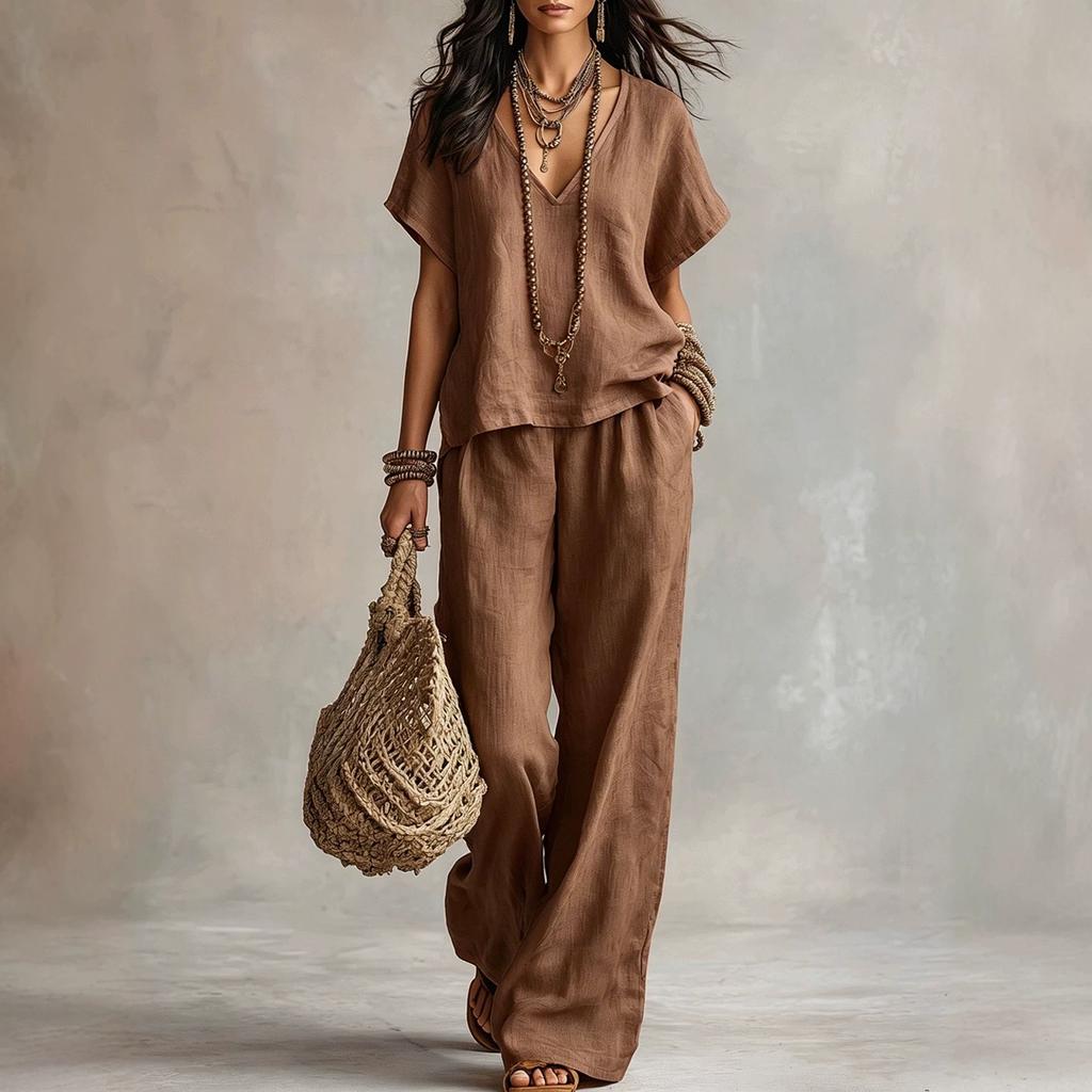 Completo Due Pezzi Donna Scollo a V Manica Corta Vestibilità Larga Pantaloni Colore Abbigliamento Casual