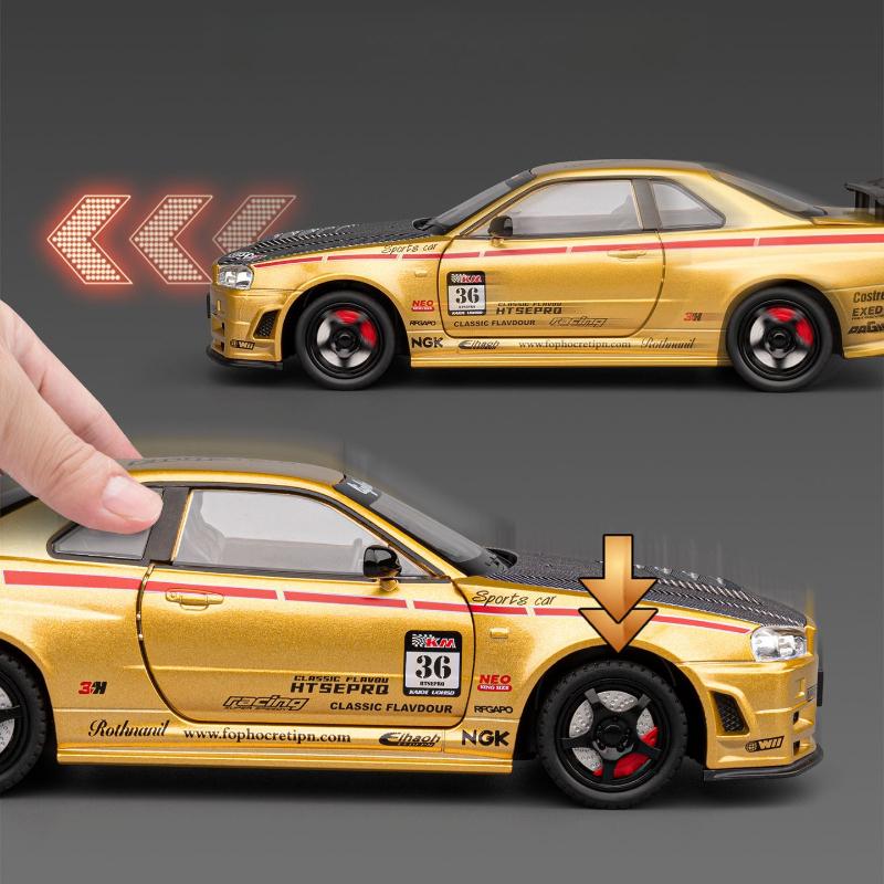 1:24 GTR R34 Alloy Sports Car Diecasts Metal Pull Back Sound And Light Car Model Kids Toy Gift