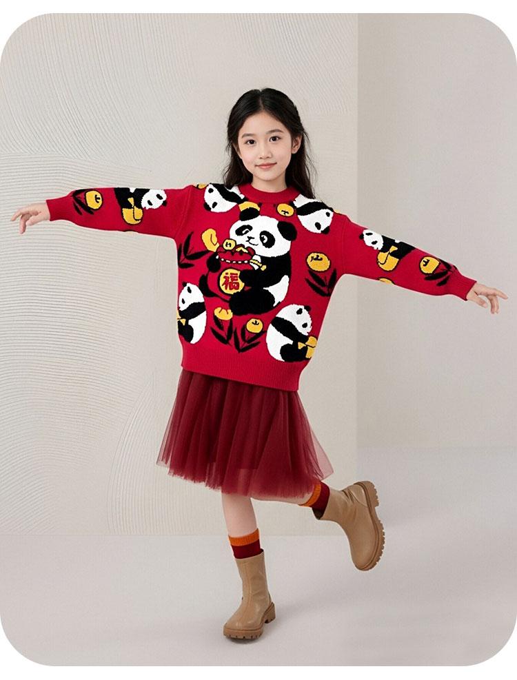 Children's New Year's Red Sweater with Panda Pattern