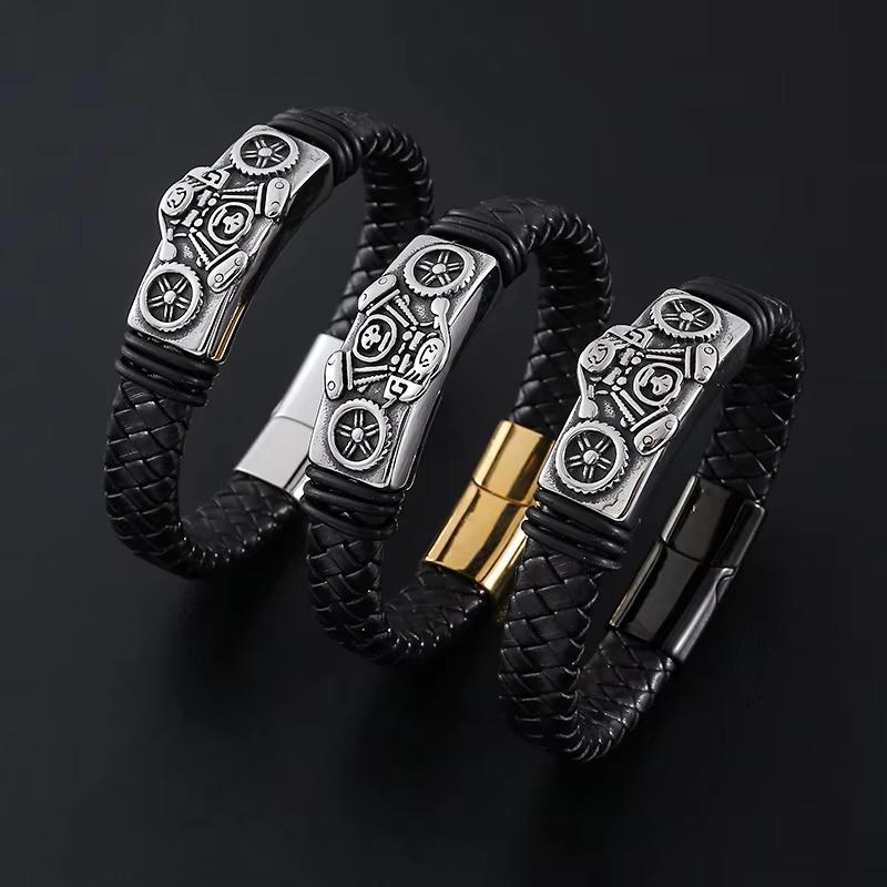 Punk Classic Gothic Vintage Motorcycle Leather Braided Stainless Steel Fashion Jewelry Bracelet for Men Magnetic Clasp