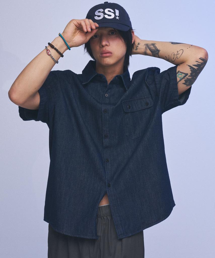 SOMEPLACE MAN Washed Denim One Pocket Snap Short Sleeve Collar Loose Oversized Half Shirt [Medium Blue]
