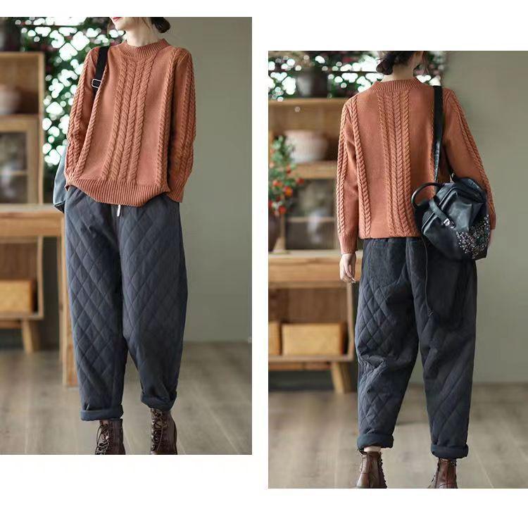 Retro Diamond-Patterned Women's Elastic Waist Harem Pants - Thick, Warm, Casual Cotton Trousers