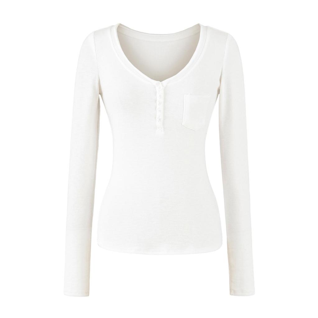 Women's Slim-Fit Long-Sleeve Henley V-Neck Top with Pocket, Stretchy Fine Cotton, Spring/Autumn Style