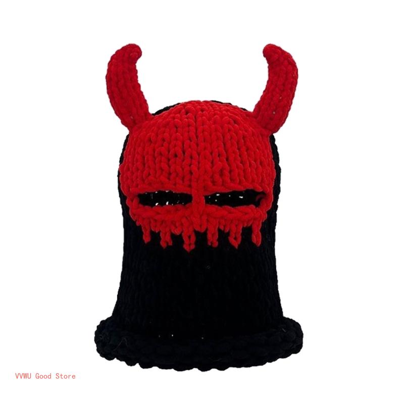 Halloween Facecover Horned Hat for Adult Unisex Theme Party Costume Horn Hat Novelty Skull Hat Winter Warm Windproof Caps
