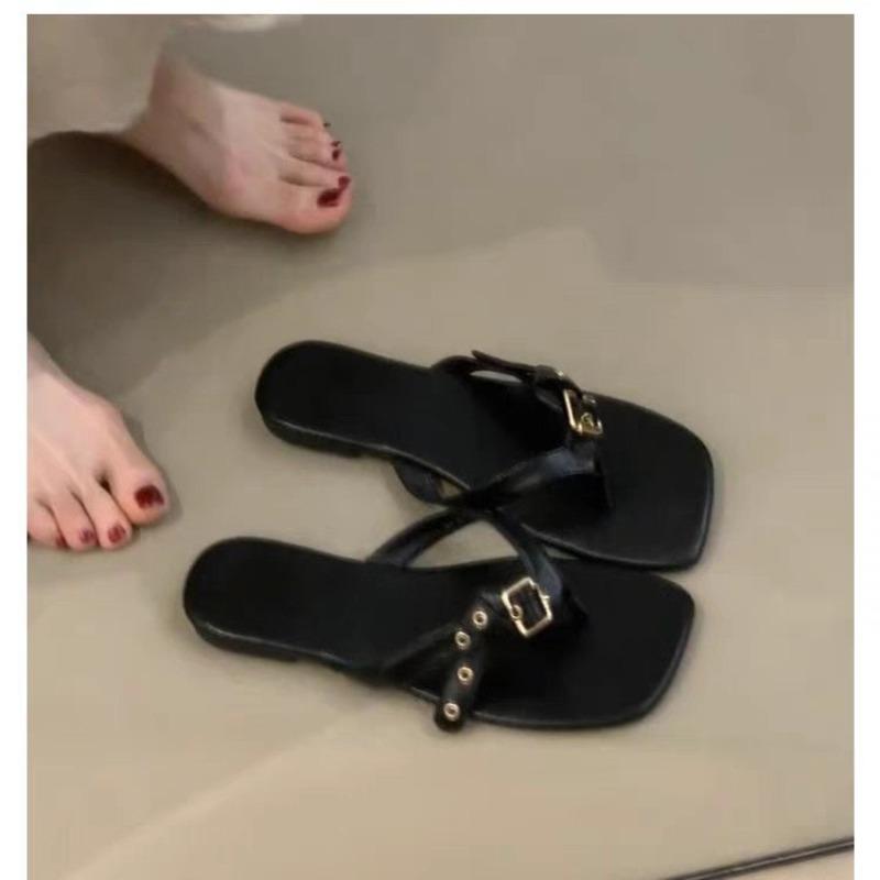 Design Belt Buckle Flat-bottomed Black Sandals Women's Summer Casual One-pedal Soft-soled Toe Flip-flops Shoes