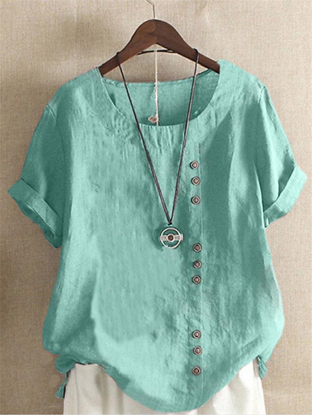 2024 Women's European & American Fashion Short Sleeve Casual Cotton Linen Top with Button Detail