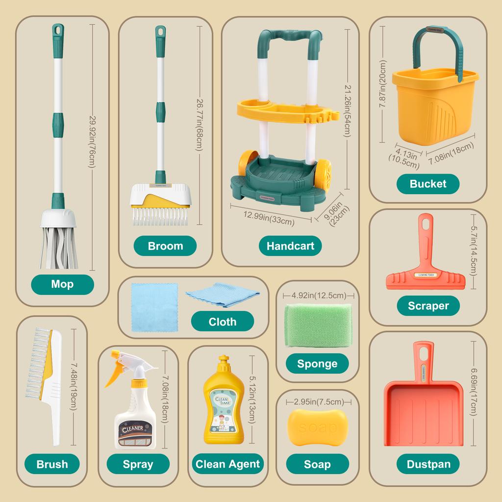 12 pièces/ensemble Ensemble de nettoyage pour enfants Jouets de nettoyage de la vie simulée avec chariot Jouet de jeu de rôle Jouet de maison de jeu d'hygiène et de nettoyage Garçons et Filles