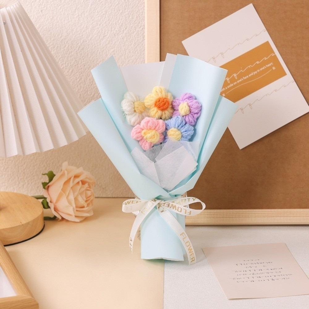 Cute Artificial Crochet Flowers Bouquet Handmade Mini Size Knitted Puff Flower 5 Stems Simulation Knitted Flower Teacher's Day