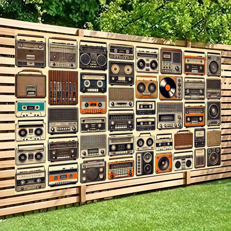 Retro audio party backdrop decoration - Mini speakers and tape wall decorations made of polyester for indoor/outdoor use