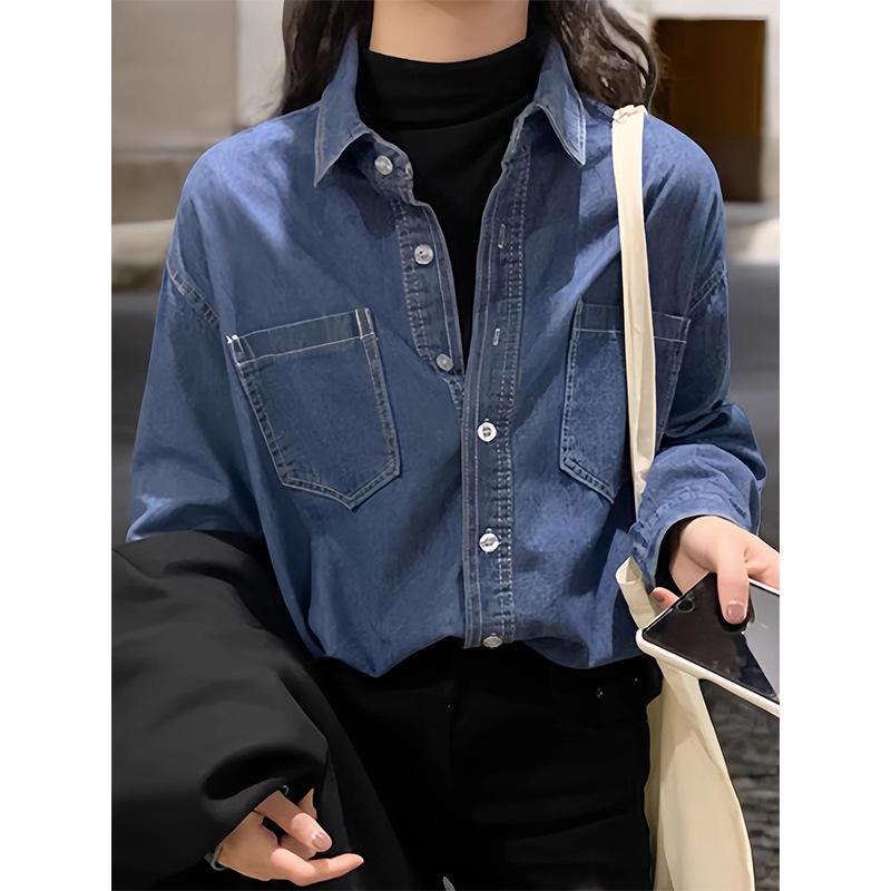 Retro Blue Women's Denim Shirt - Loose Layered Spring/Summer Top