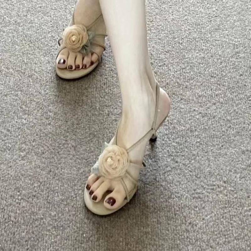 

2025 Новая Мода Туфли на Каблуке с Ремешком на Щиколотке Женская Обувь с Круглым Носком Цветок Женские Босоножки на Тонком Каблуке 35 хаки