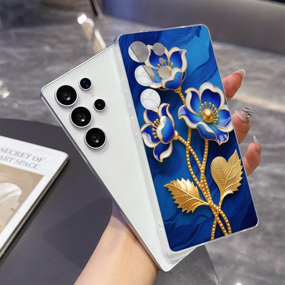 Blue Enamel Flowers with Gold Phone Case for Samsung Galaxy S26 S25 S24 S23 S22 S21 S20 FE Plus Lucency TPU Protection Cover