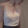 Lace Trim Sexy Women's Open Back Eyelash Edge Floral Camisole - Sleeveless Stretchy Ice Silk Knit Tank Top