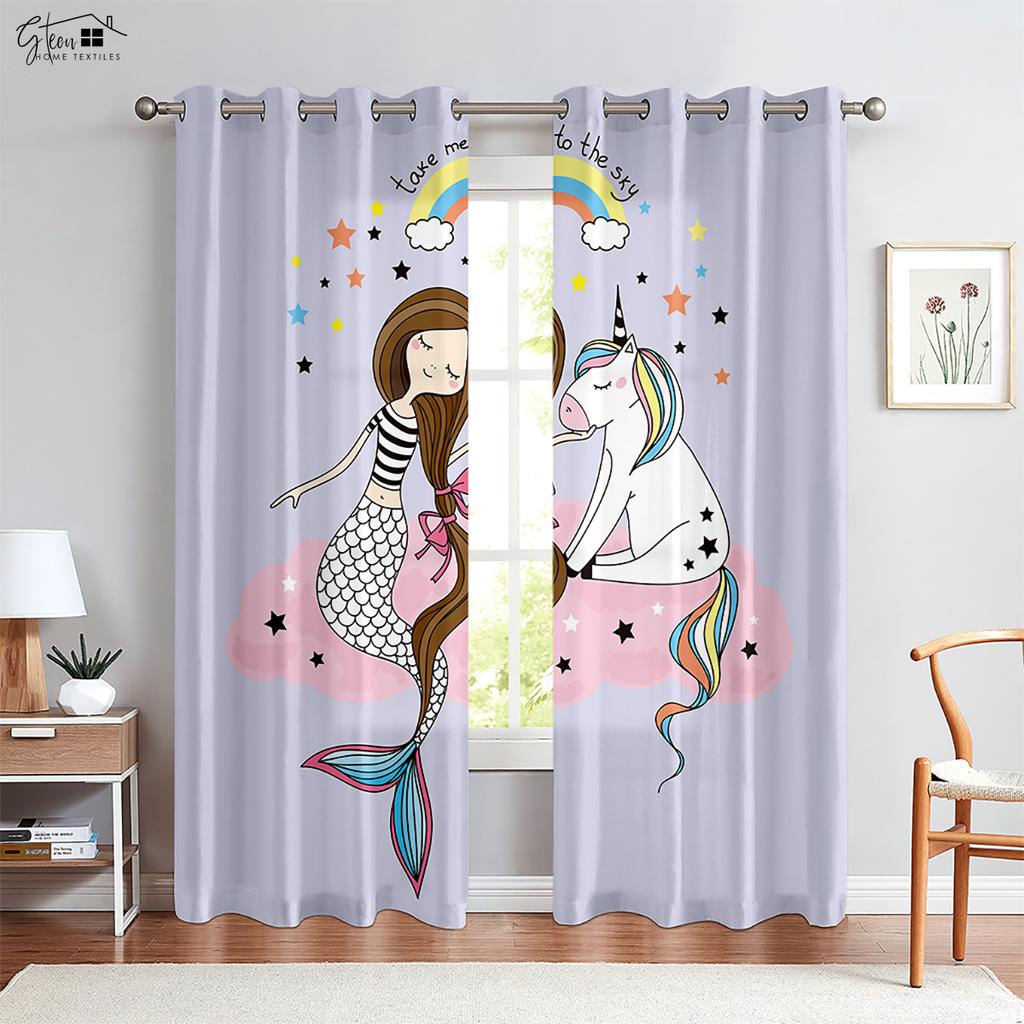 Adorable Cartoon Unicorn Starry Sky Rainbow Printed Drapes Children ' s Space Ornament Drapes Children ' s GiftHouseholdOrnament