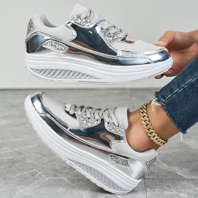 Women's Thick Soled Sports Shoes Breathable Sequins Round Toe Casual Sports Shoes Plus Size Lace Up Shoes