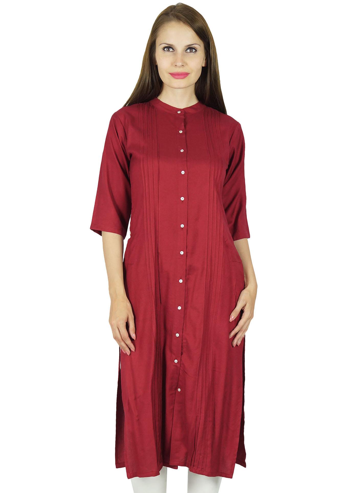 

Bimba Women Button Down Rayon Kurta Kurti 3 4 Sleeve Formal Indian Casual Tunic 22 червоний
