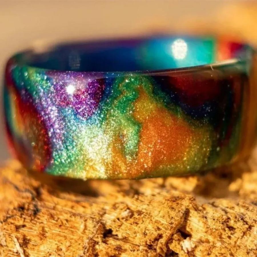 7 Colors Fire Opal Rings for Women White Created Opal Band Carbon Fiber Lining Iridescent Color Changing Opal Ring Jewelry