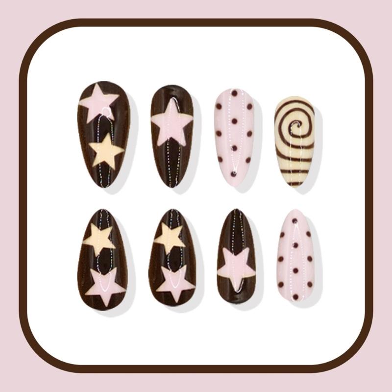 Simple To Apply Press On Artificial Nail With Geometric Dot Star Art In Pretty Pink Brown Hues