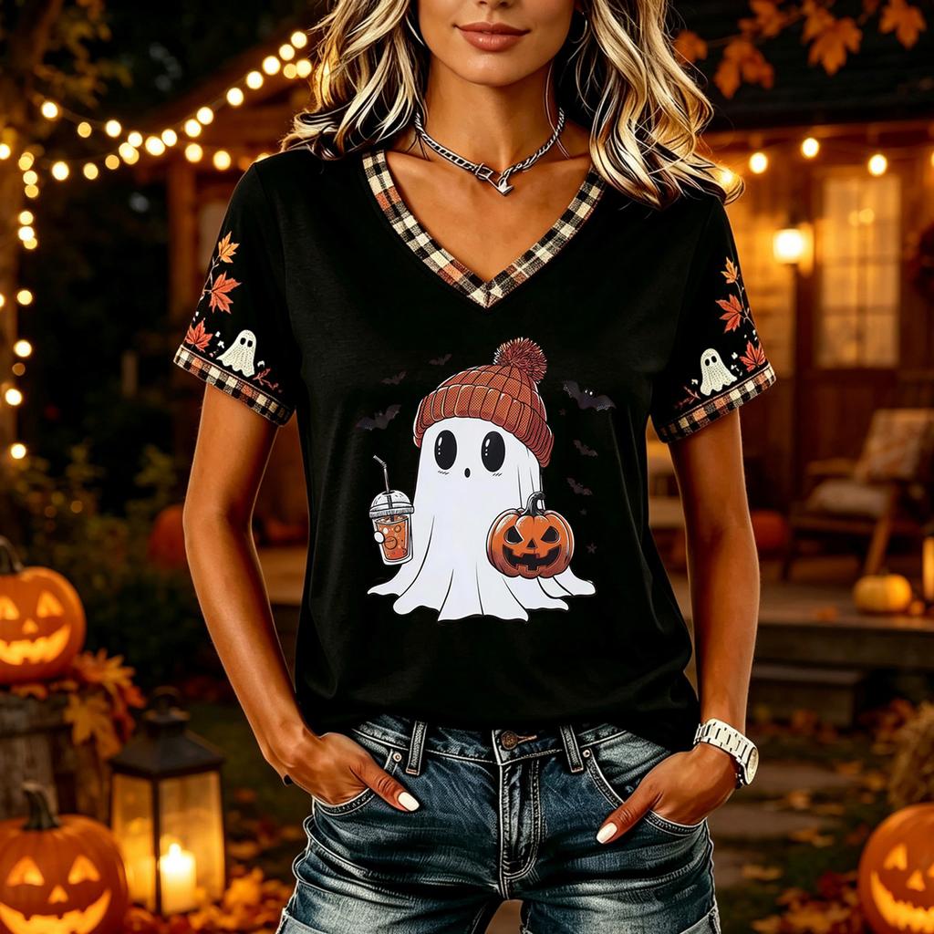 Tricouri Femei Halloween cu Decolteu în V Top cu Dovleac Tricou Casual Top pentru Petrecere de Sărbătoare