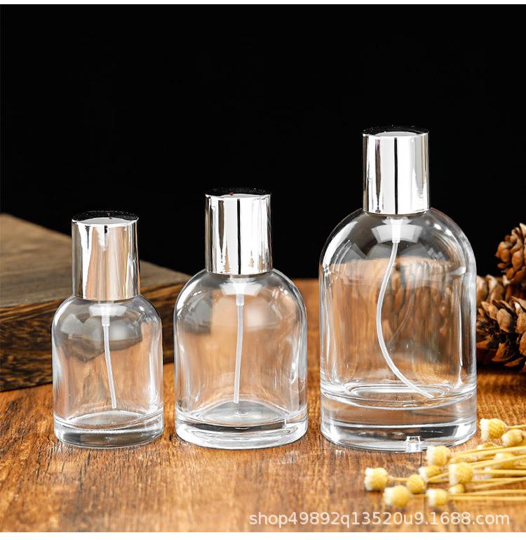 30/50/100ml Klare zylindrische Glasparfümflasche, Leerer Drucksprühzerstäuber, Nachfüllbarer Reise-Probenbehälter