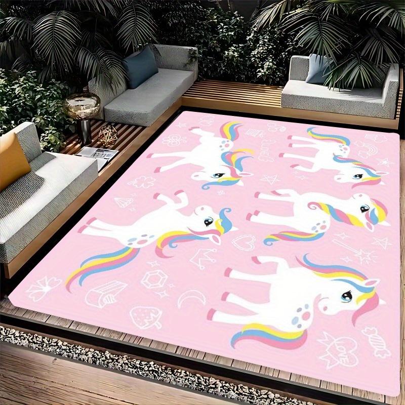 Flannel Printed Unicorn Rug Pink White Rainbow Pattern Kids Room Decor Soft Floor Mat For Girls Bedroom Playroom And Gaming Area