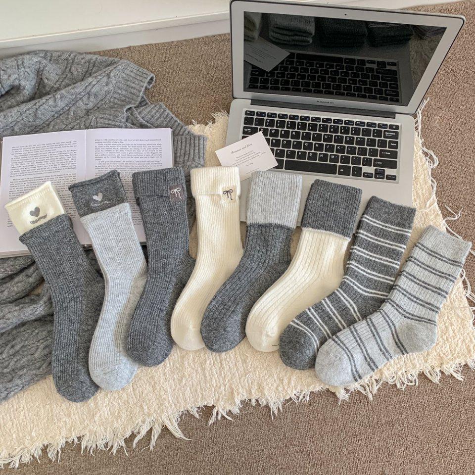 Korean Wool Socks Love Embroidered Socks Double Screw Bow Striped Thickened Fleece Warm Gray Stacking Socks