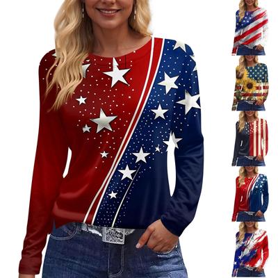 Damska modna, swobodna, rozcięta na dole, okrągły dekolt, długi rękaw, luźny, nadrukowany T-shirt