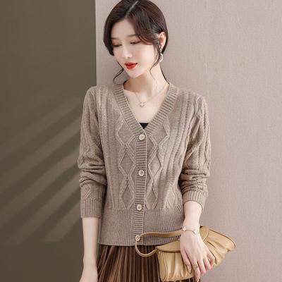 Knitted Cardigan Sweater Women Spring and Autumn 2023 Korean Version V-neck Fried Dough Twists Solid Cardigan Sweater Coat Women